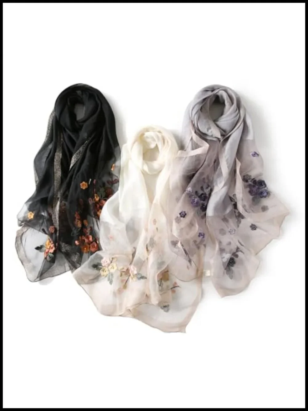 Silk Blend Embroidered Floral Shawl Scarf Wrap for Women
